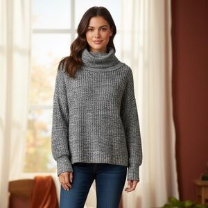 Shadow & Sky Gray Marled Turtleneck Sweater Size L Chunky Ribbed Knit